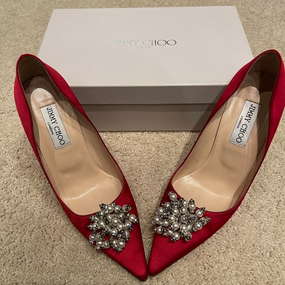 Jimmy Choo - Edison Red Satin 100mm Pump with Pearls